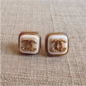 CHANEL Gold and White Square Earrings